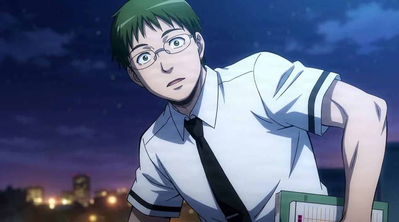 Big Five appears as a startled green-haired student in glasses and a white shirt, clutching notebooks against a night city.