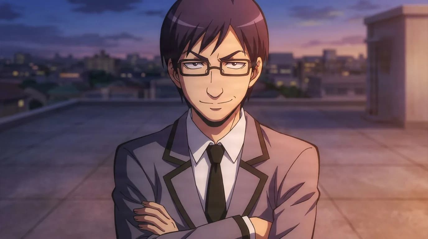 Chosuke Takada, a dark-haired young man in glasses and a school blazer, stands with arms crossed and a smirk on a rooftop at dusk.