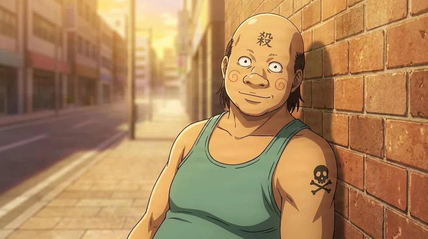 Futoshi, a heavyset bald man with a kanji mark on his forehead and a skull tattoo, leans against a brick wall on a sunlit street.