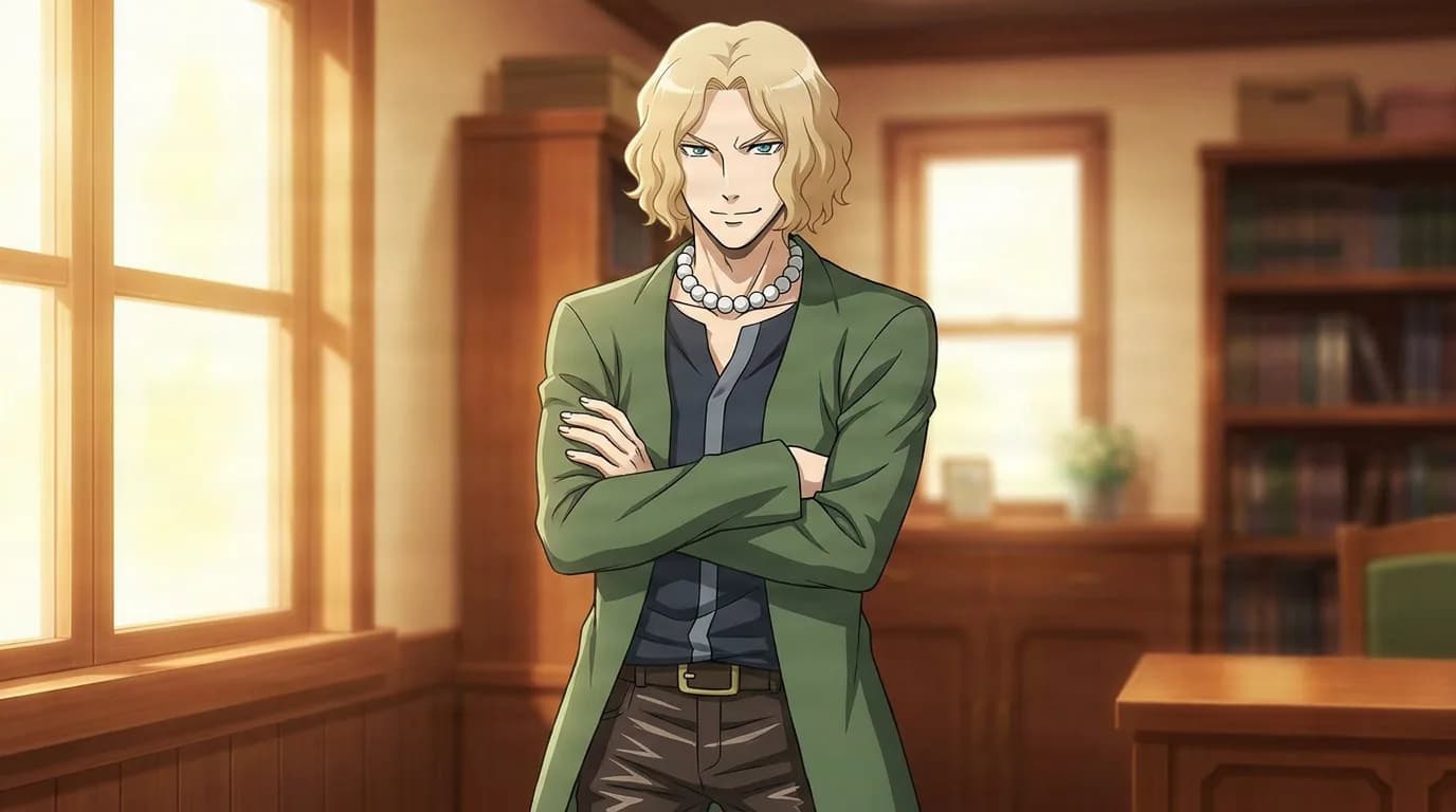 Grip stands with arms crossed and a smirk, blonde wavy hair, a green jacket and beaded necklace, in a warm study room.