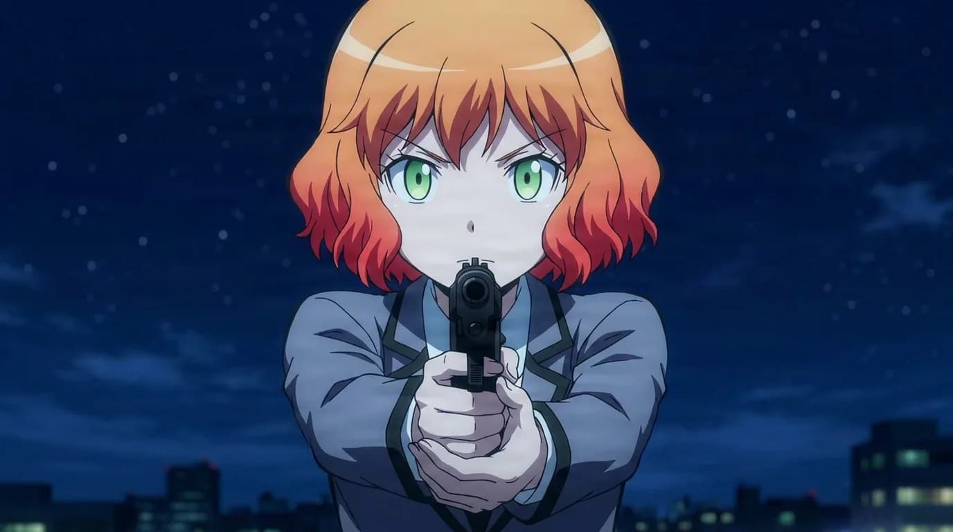 Hinano Kurahashi aims a pistol straight at the viewer with both hands, orange hair and green eyes against a night sky.