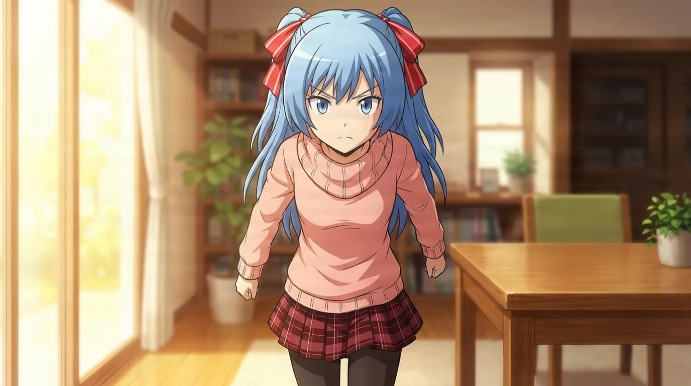 Hotaru walks forward in a pink sweater and red plaid skirt, blue hair tied with red ribbons, in a warm sunlit room.