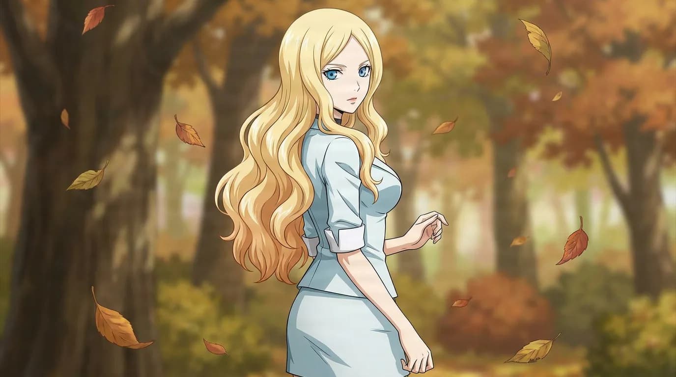 Irina Jelavic glances over her shoulder in a pale blue skirt suit, long blonde hair flowing as autumn leaves drift around her.