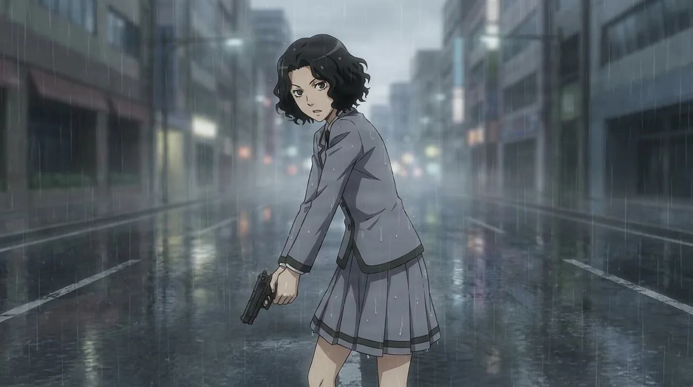 Kirara Hazama grips a pistol at her side and glances back, wavy black hair, gray uniform, on a rainy deserted street.