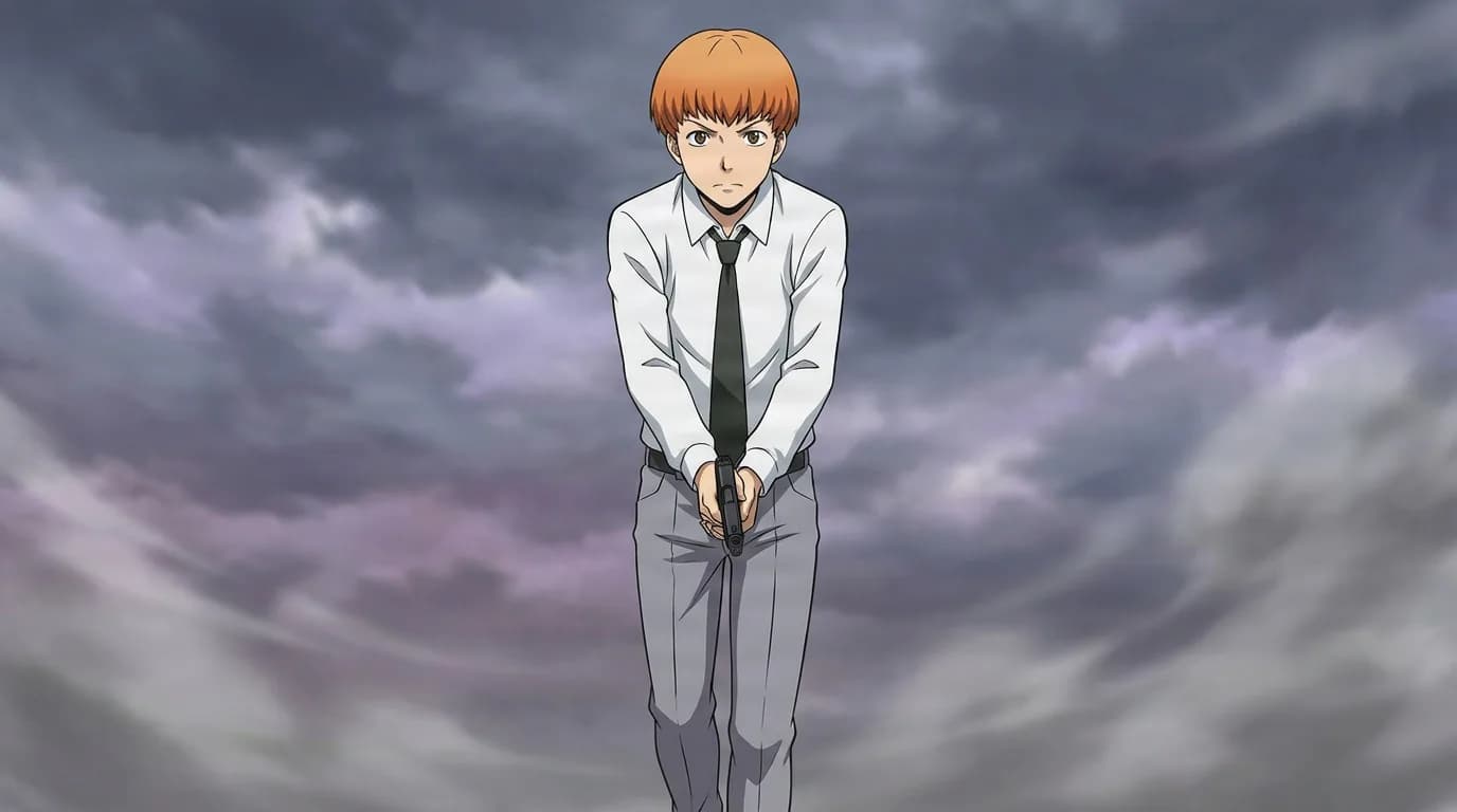 Koki Mimura grips a pistol with both hands aimed low, orange hair, white shirt and black tie, under a stormy purple sky.