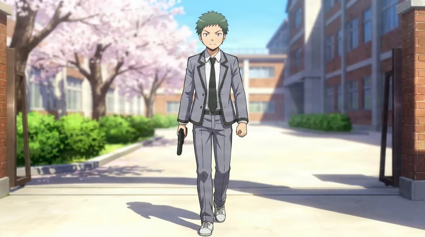Masayoshi Kimura walks forward holding a pistol at his side, green hair and gray suit, past cherry blossoms in a schoolyard.