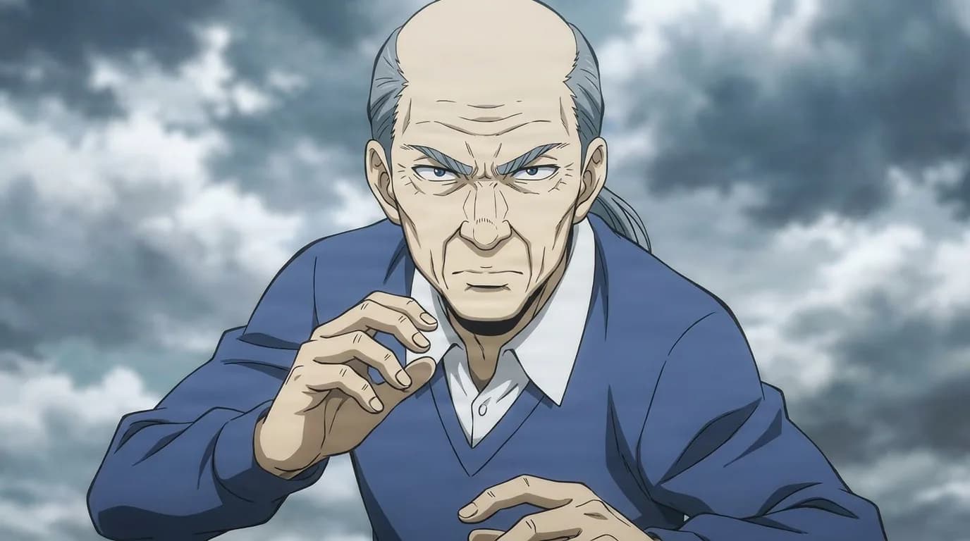 Matsukata raises his hands in a fighting stance, a bald elderly man in a blue sweater, beneath a heavy stormy sky.