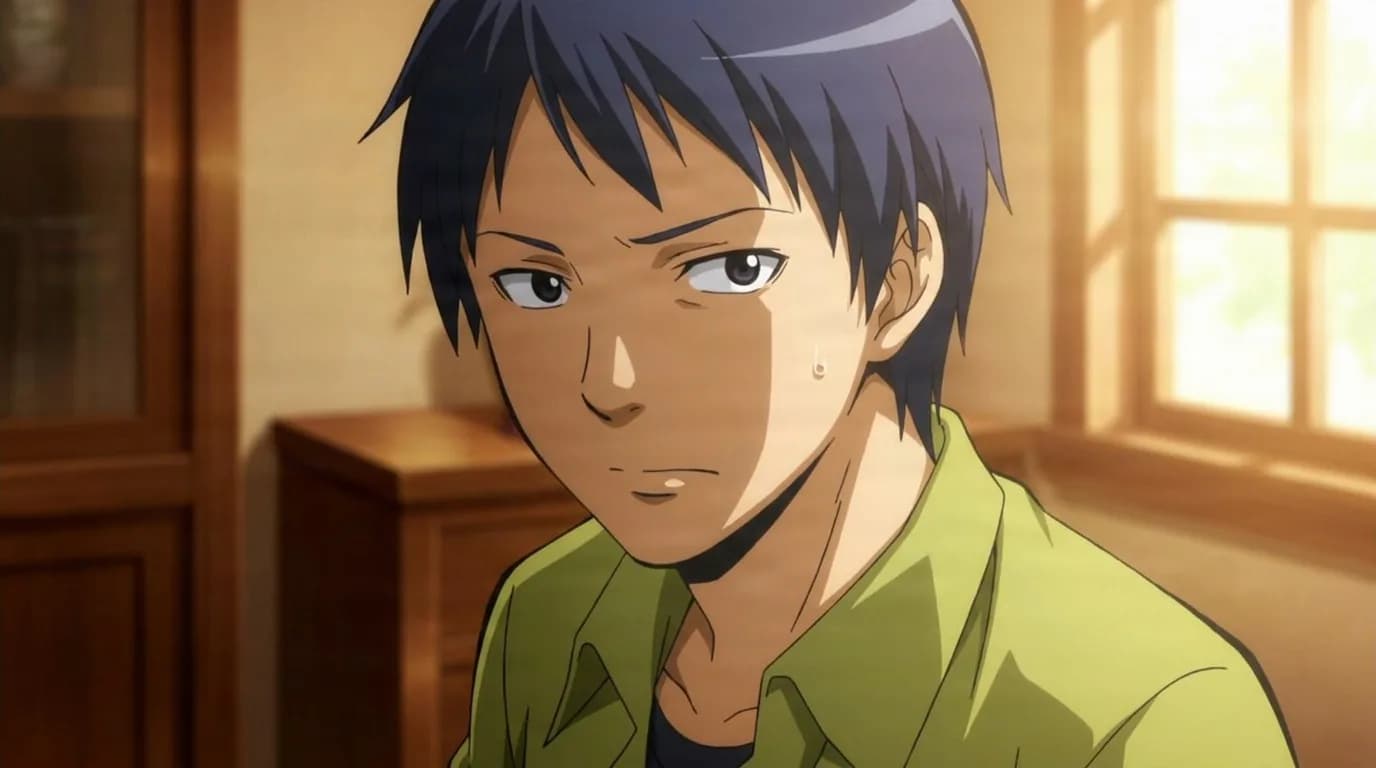 Nagisa's Father sits indoors in a green shirt with a faint frown, navy hair and a bead of sweat, warm wooden room behind.