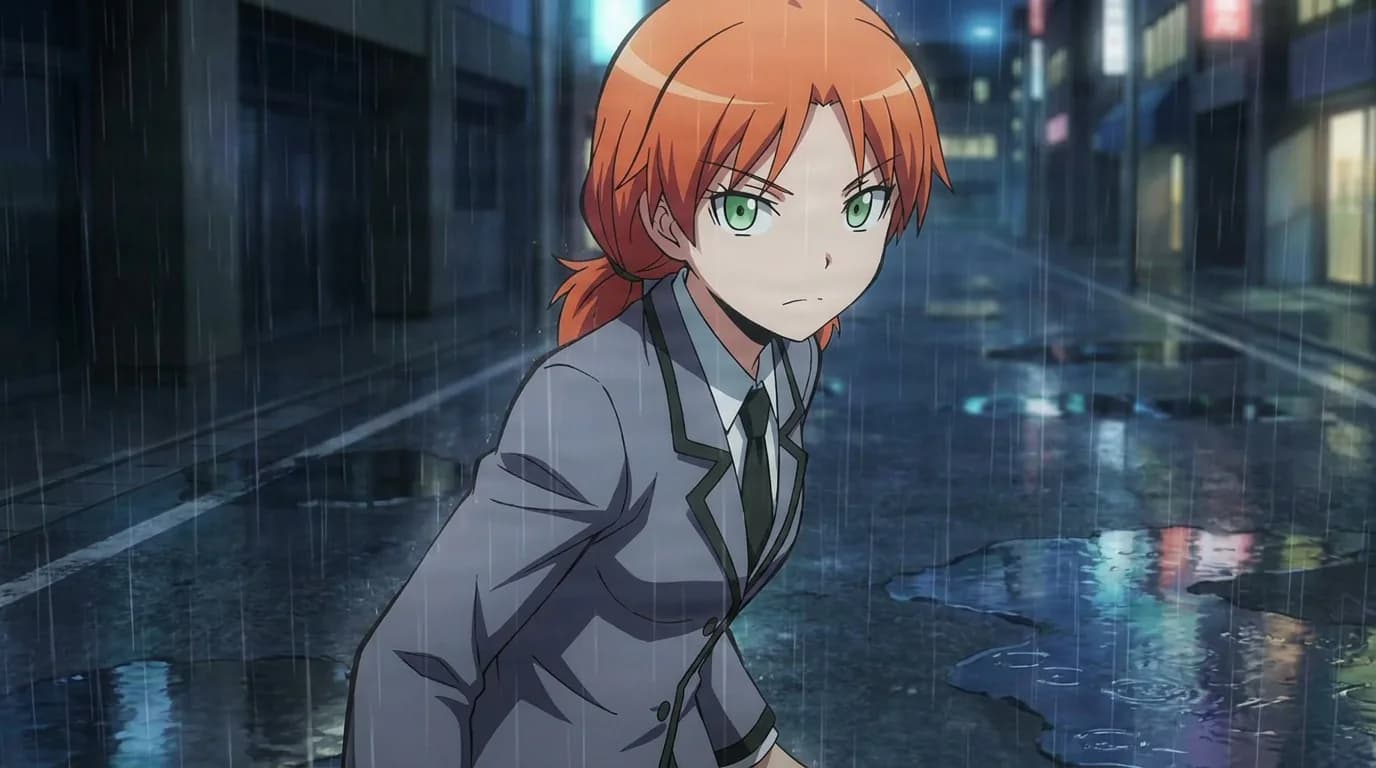 Rinka Hayami leans forward in a gray blazer and tie, orange ponytail and green eyes, on a rainy neon-lit night street.
