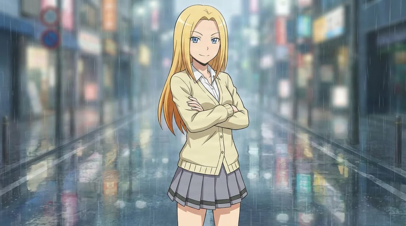 Rio Nakamura crosses her arms in a cream cardigan and pleated skirt, long blonde hair, on a rain-slicked city street.