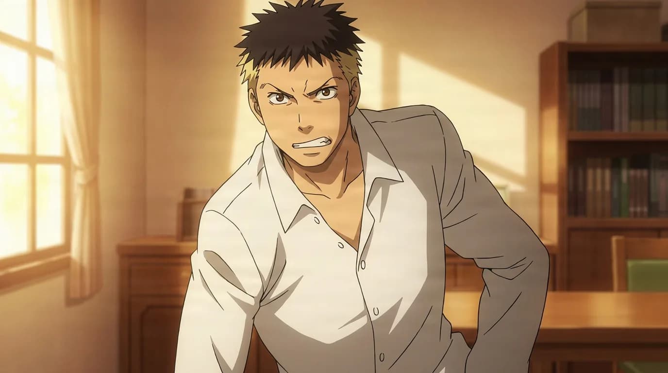 Ryoma Terasaka leans forward with gritted teeth and a hand on his hip, spiky hair and open white shirt, in a sunlit room.