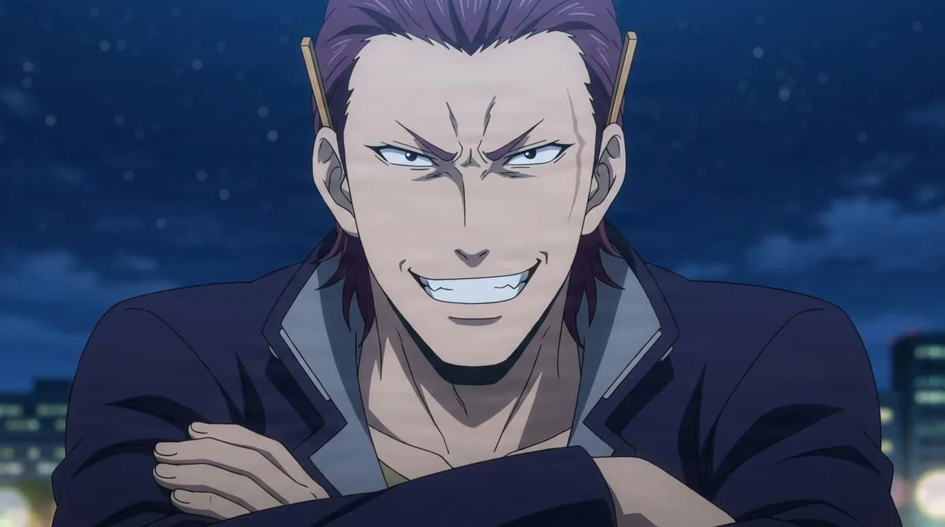 Ryuki, a grinning young man with spiky reddish-purple hair, stands with arms crossed on a rooftop under a starry night sky.