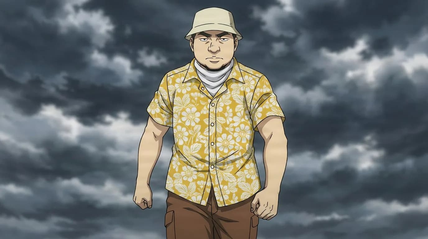 Smog stands with clenched fists in a yellow floral shirt and bucket hat, a heavyset man beneath a dark stormy sky.