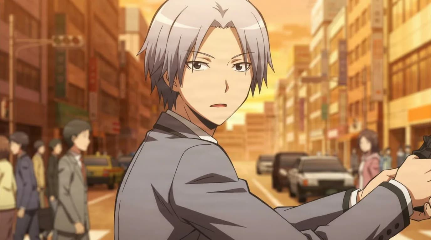 Sosuke Sugaya turns to look back while walking a crowded sunset street, silver hair and gray school uniform.