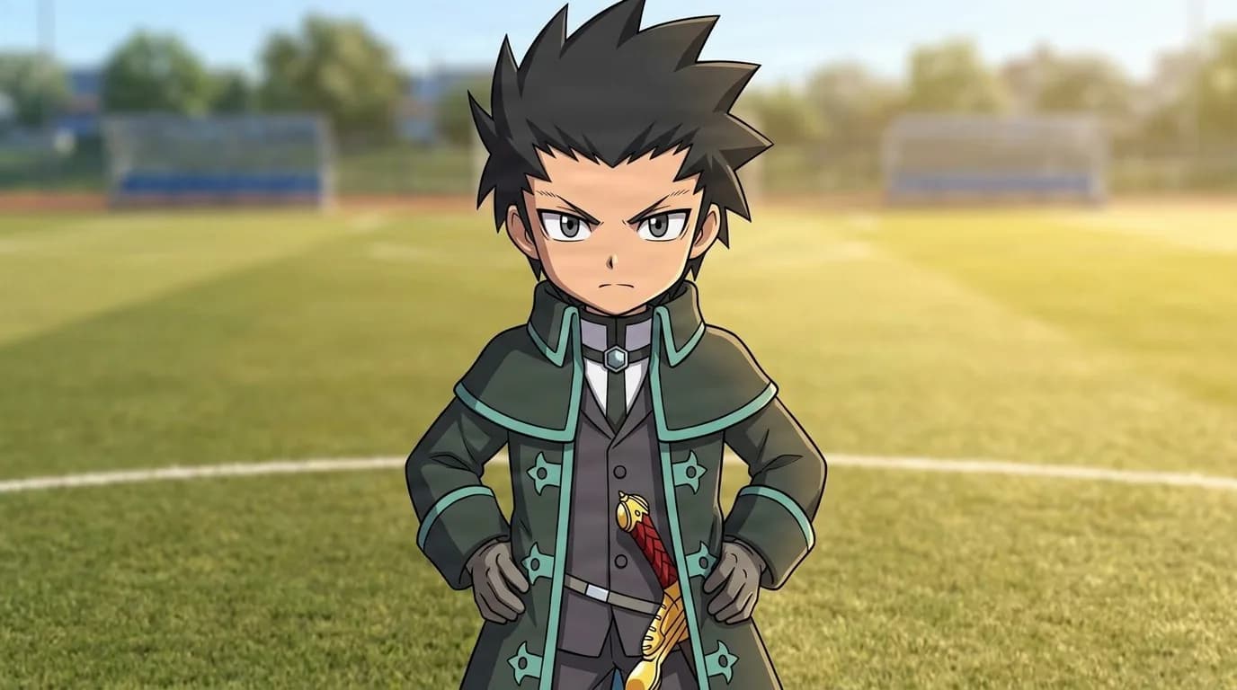 Tadaomi Karasuma, a boy with spiky black hair in a green military-style coat, stands with hands on hips on a soccer field.