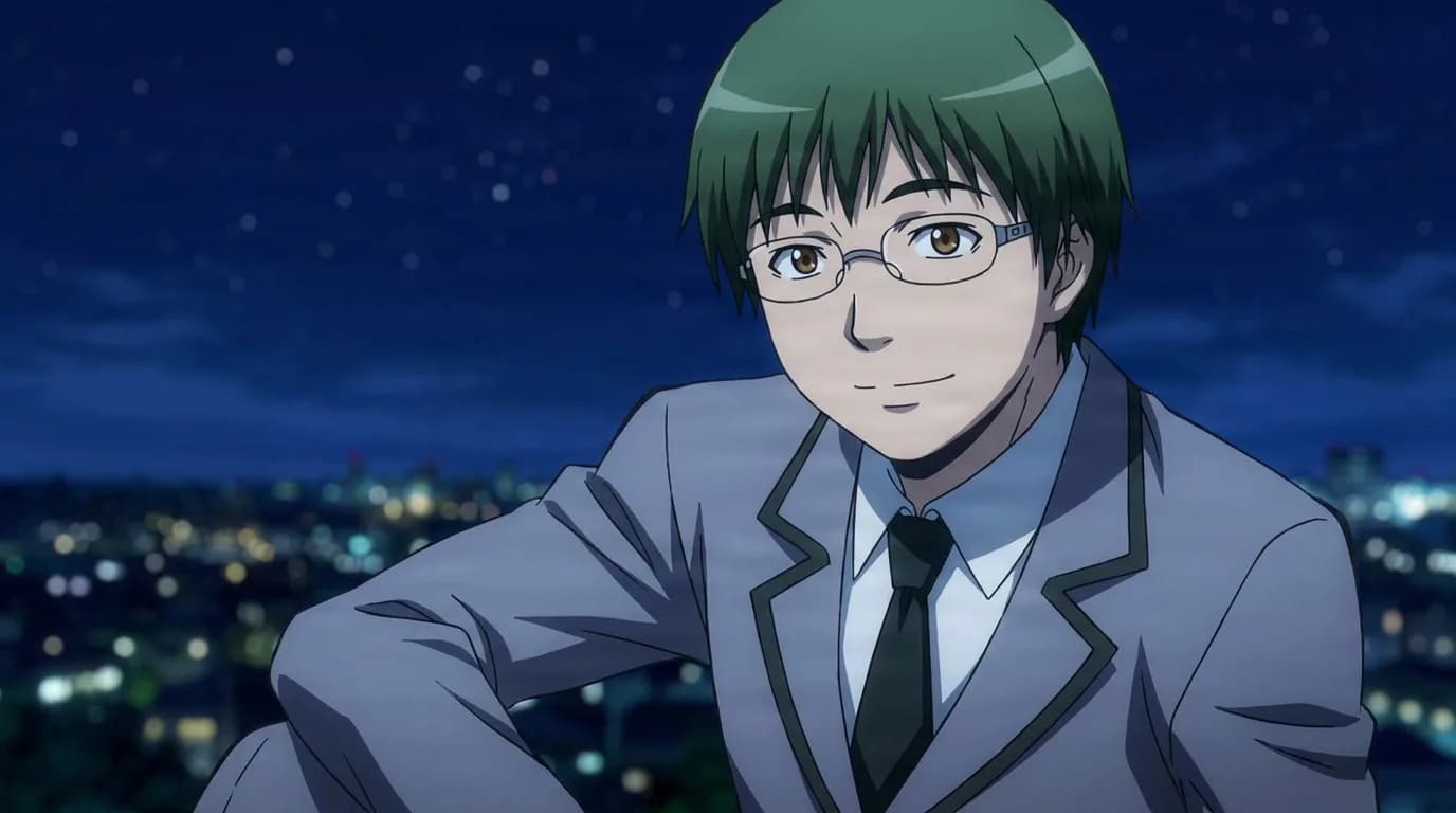 Teppei Araki leans on one knee with a calm smile, green hair and glasses, gray uniform, city lights glowing at night.