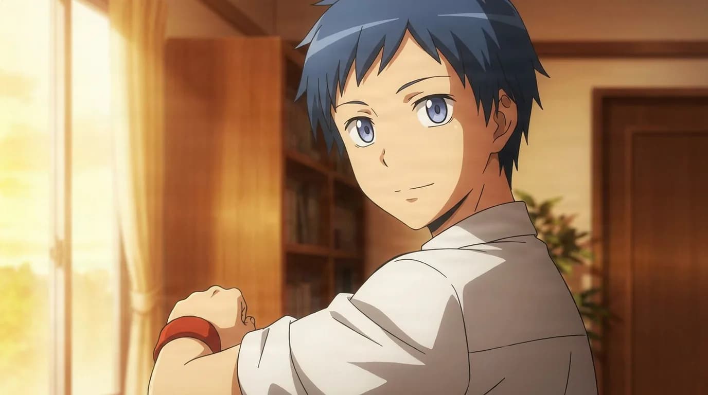 Tomohito Sugino turns to look over his shoulder in a sunlit room, navy hair and a red wristband, bookshelves behind him.