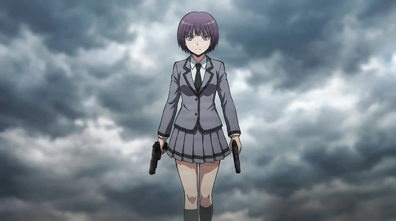 Yuzuki Fuwa strides forward holding a pistol in each hand, short purple hair and gray uniform, under a stormy grey sky.