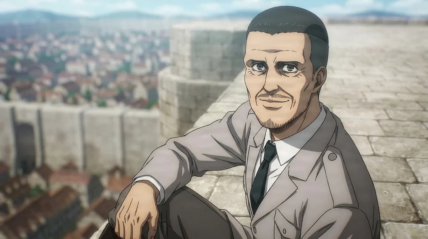 The 11th Commander, an older balding man in a grey suit and black tie, sitting atop the district wall overlooking the city