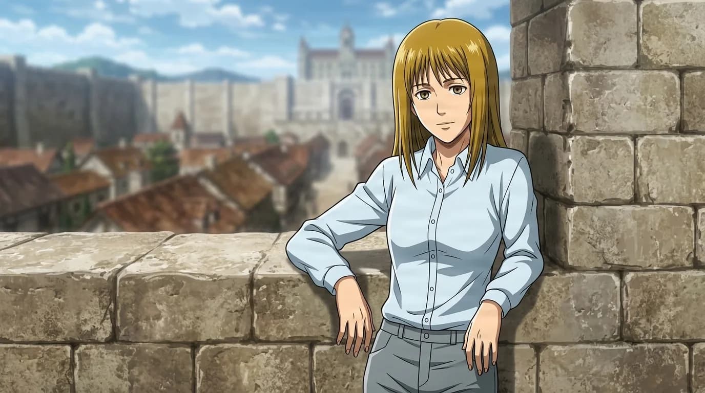 Alma with long blonde hair in a pale blue button-up shirt and grey trousers, leaning on a stone wall above a red-roofed town