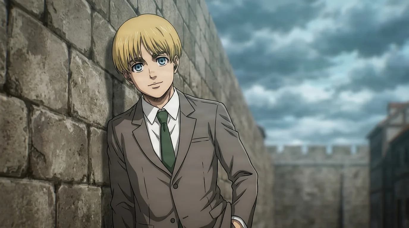 Armin Arlert, a blond young man in a grey suit with a green tie, leans against a stone wall with one hand in his pocket.