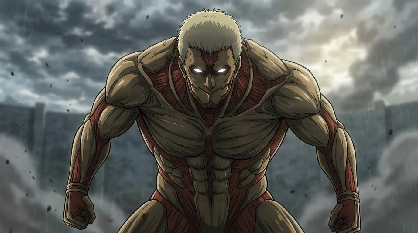 The Armored Titan hunched forward in the rain, blond hair, glowing white eyes, plated armor over red muscle, debris flying past.