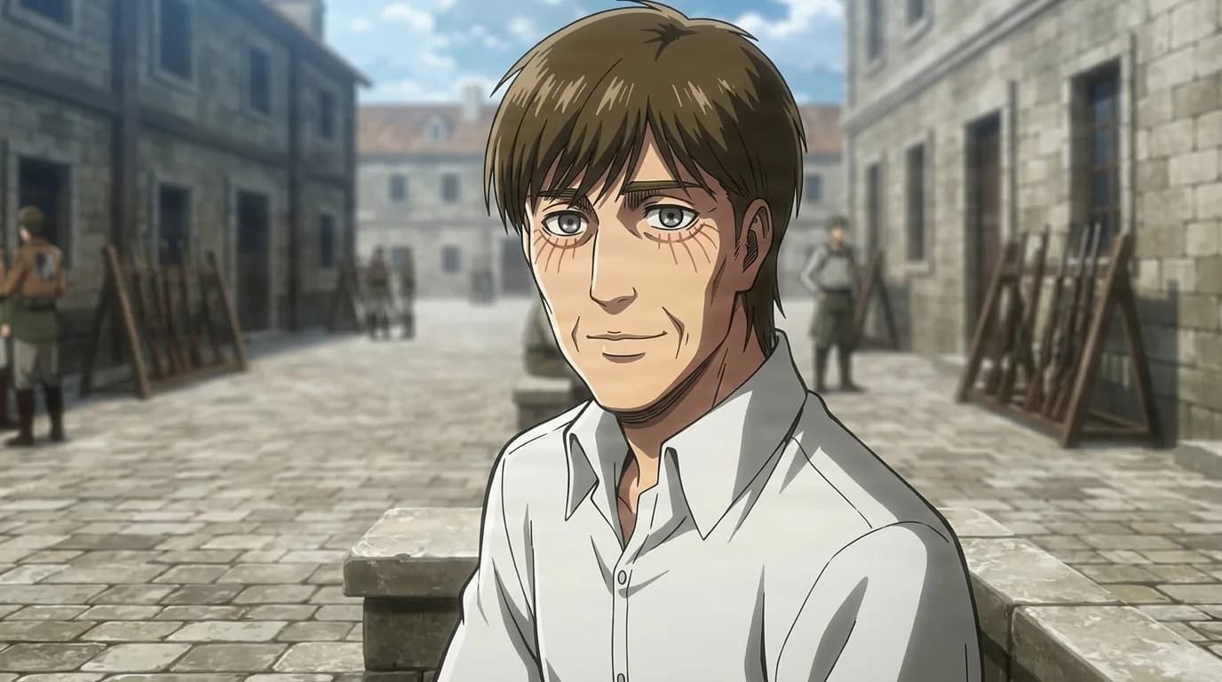 Attack Titan inheritor seated in a stone military courtyard, brown hair and a tired smile, white shirt, rifle racks lined up behind him