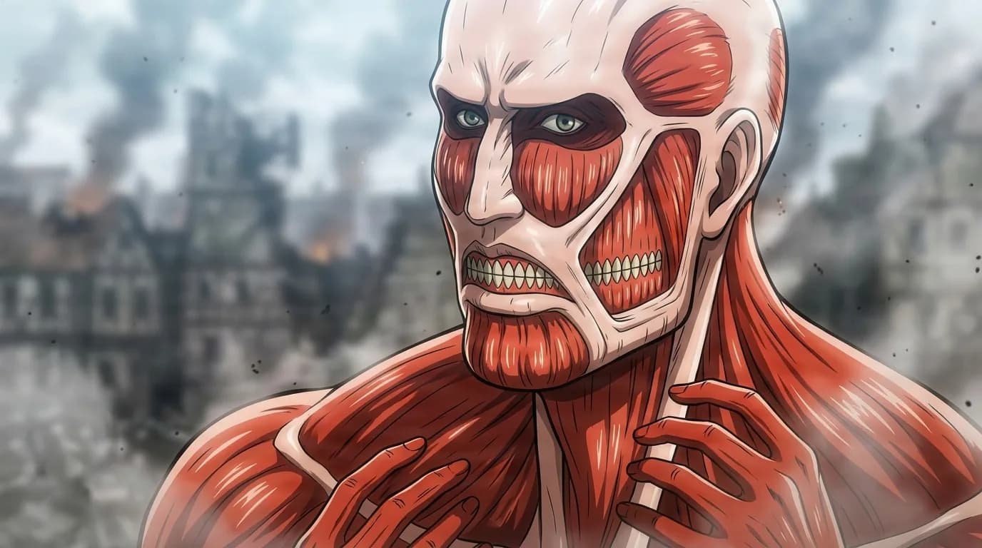 Bertolt Hoover as the towering Colossal Titan, a skinless figure of exposed red muscle with bared teeth, looms over a burning town.