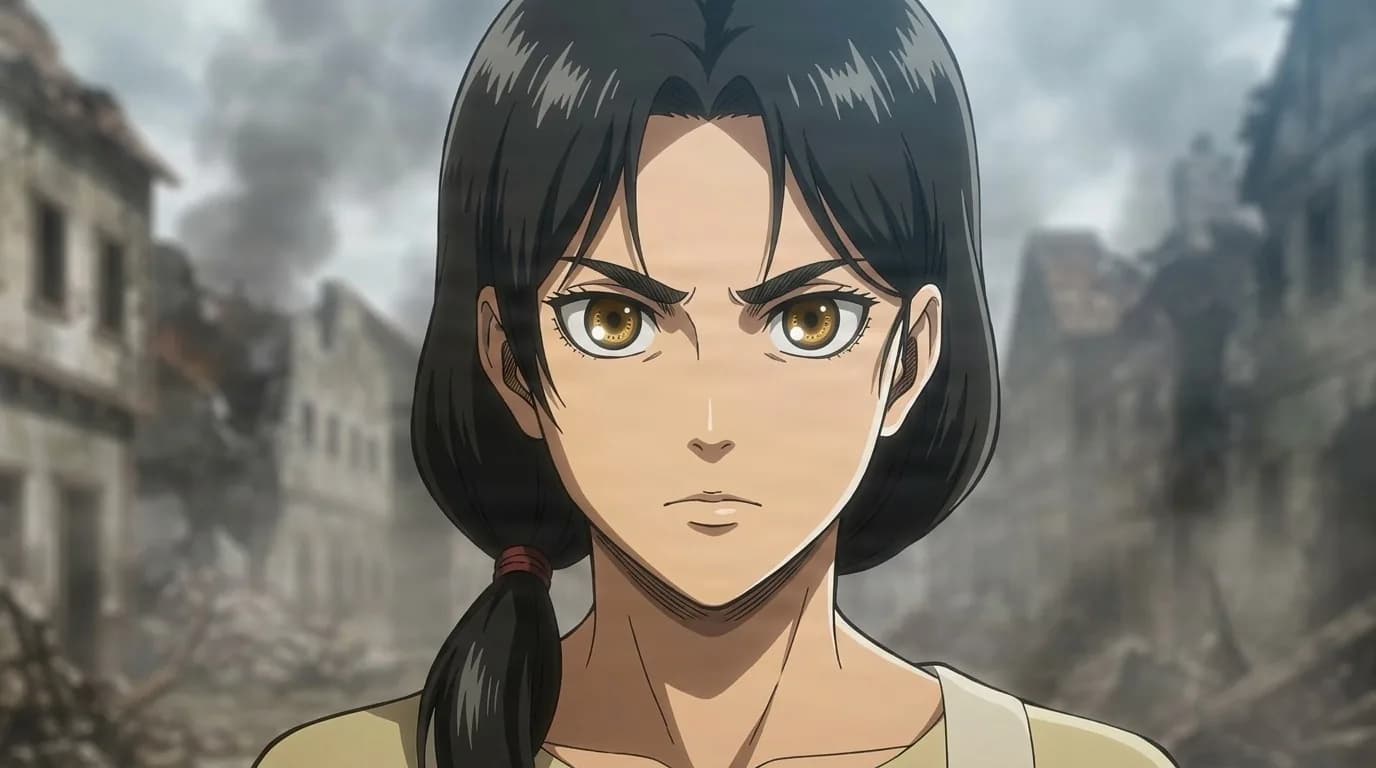 Carla Yeager, a dark-haired woman with a ponytail and determined look, stands before ruined smoking buildings.