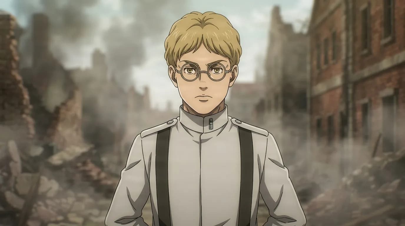Carlo standing in a smoking ruined street, blond with round glasses and a pale grey military jacket worn over dark shoulder straps.
