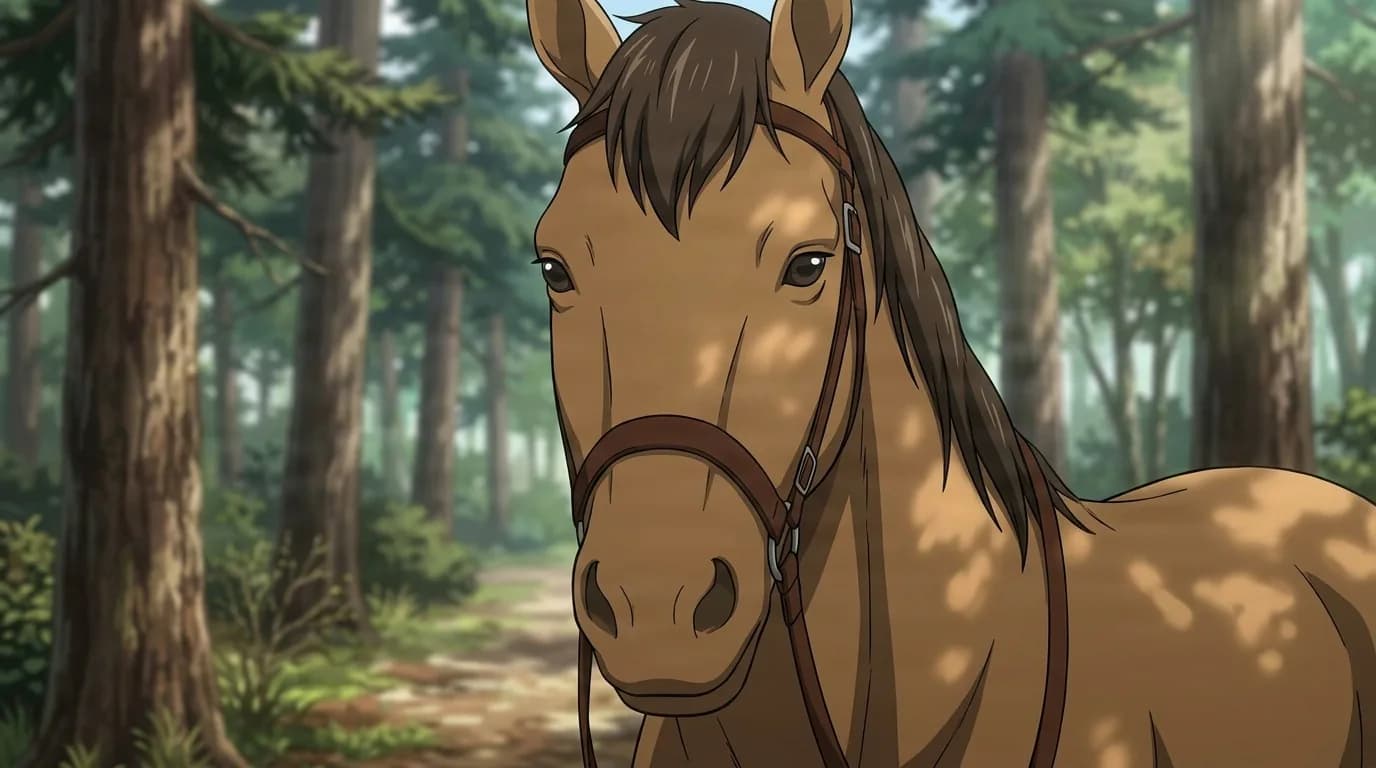 Charlotte, a bridled brown horse standing alert on a forest trail among tall pine trees
