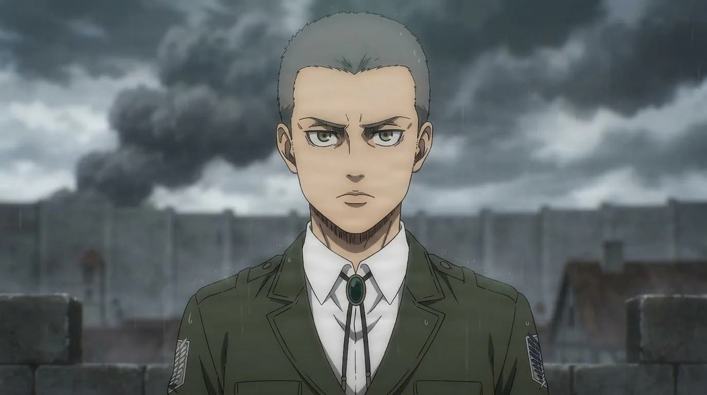 Connie Springer in the rain before the district wall, closely shaved head and green Survey Corps jacket, smoke rising behind him