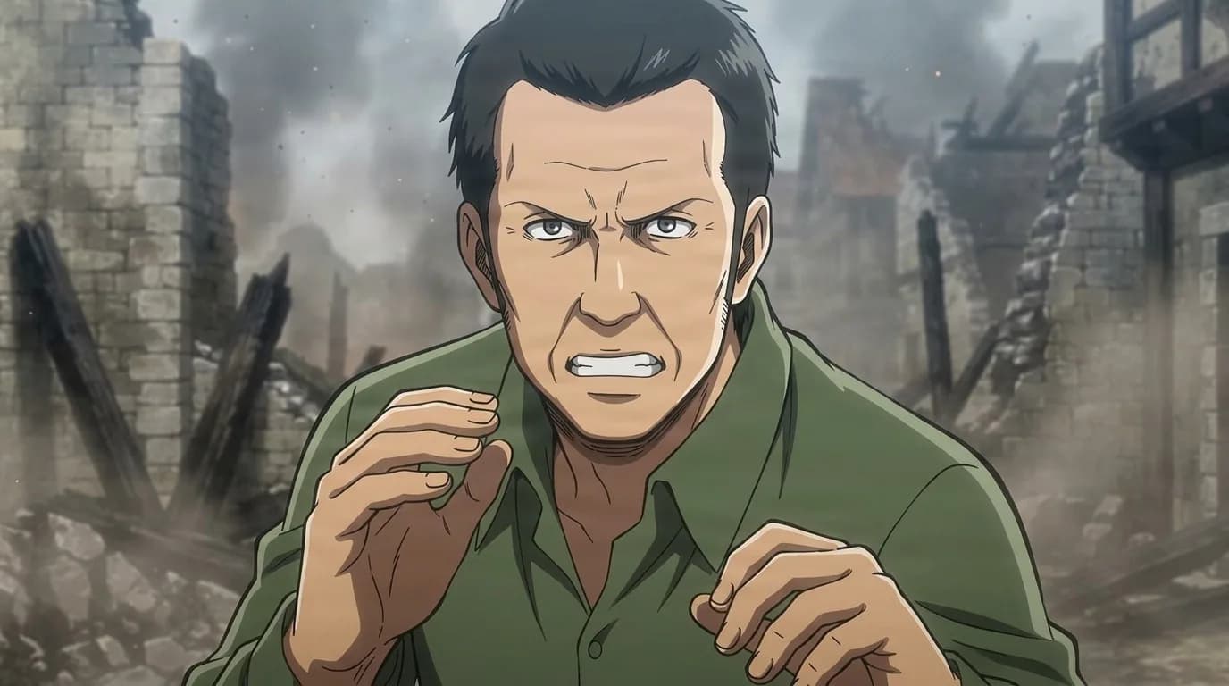 Darius Baer-Varbrun, a dark-haired man in a green shirt, gritting his teeth in anger amid a ruined village