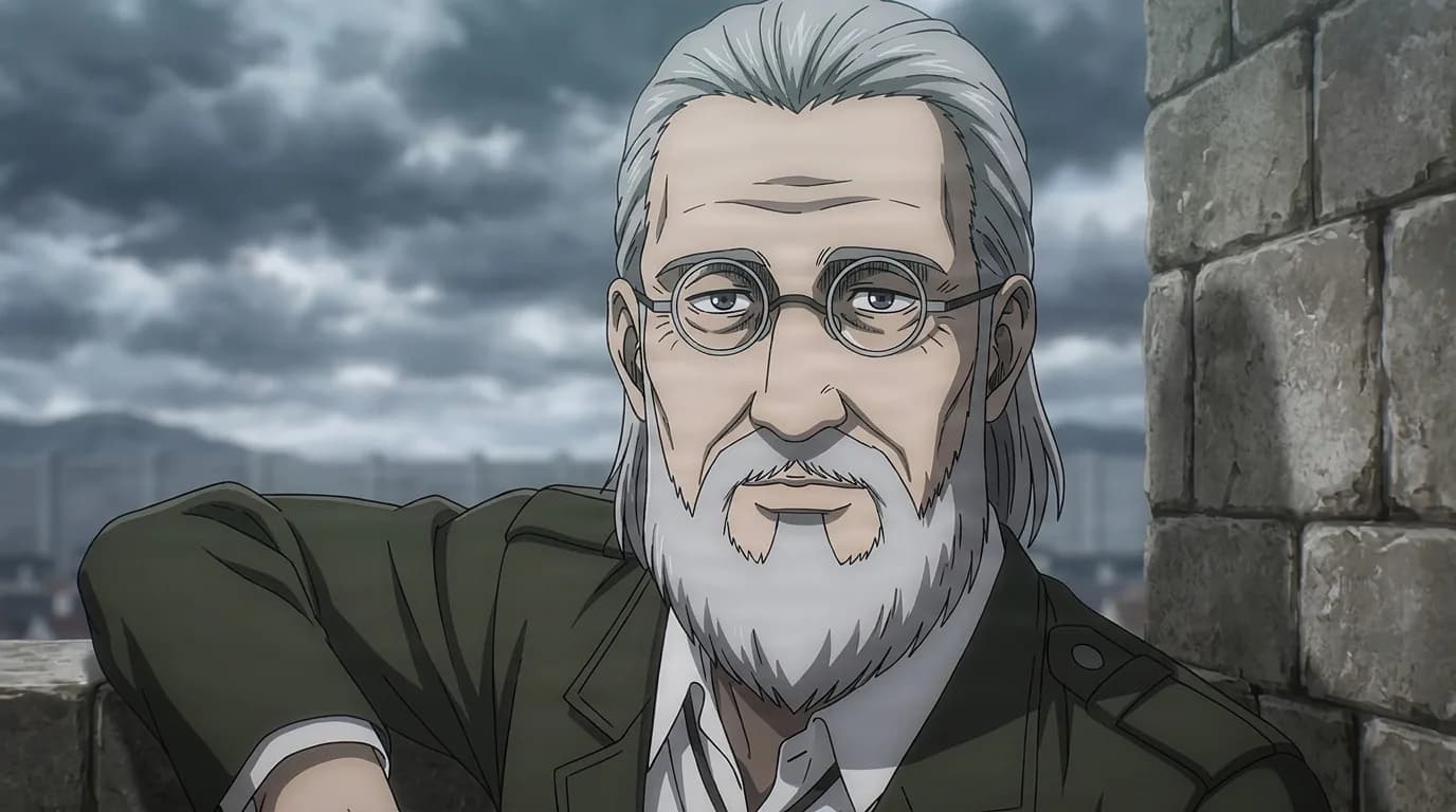 Darius Zackly leaning on a stone parapet, round spectacles, swept-back white hair and full grey beard, olive uniform under storm clouds