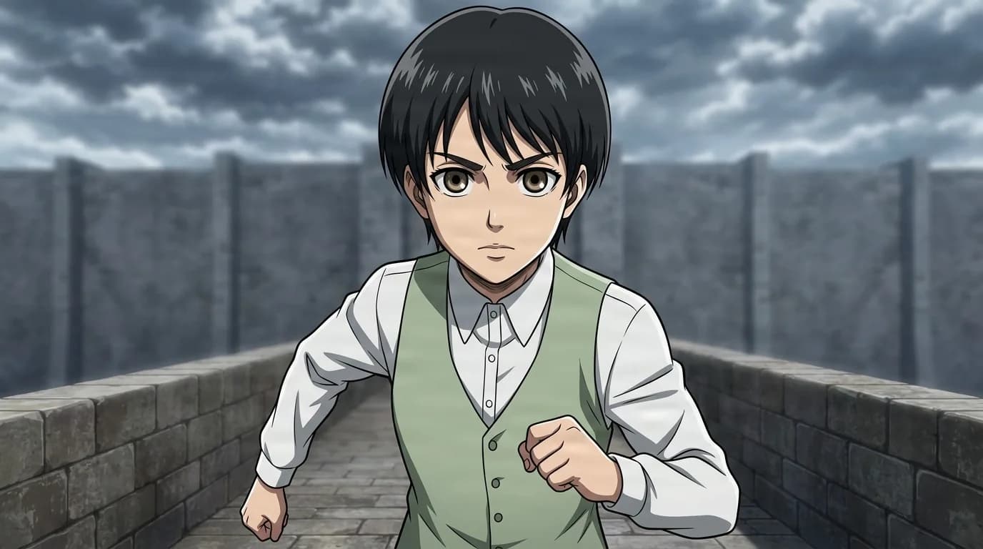 Dirk Reiss, a dark-haired boy in a green vest and white shirt, fists clenched, running along a stone wall under a cloudy sky