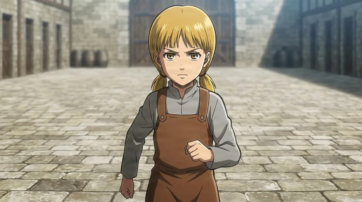 Ellie, a blonde girl with a ponytail in a brown apron, fist clenched with a determined look in a stone courtyard