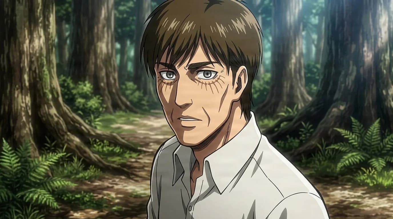 Eren Kruger, a brown-haired man with scars under his eyes in a white shirt, looks over his shoulder on a sunlit forest path.