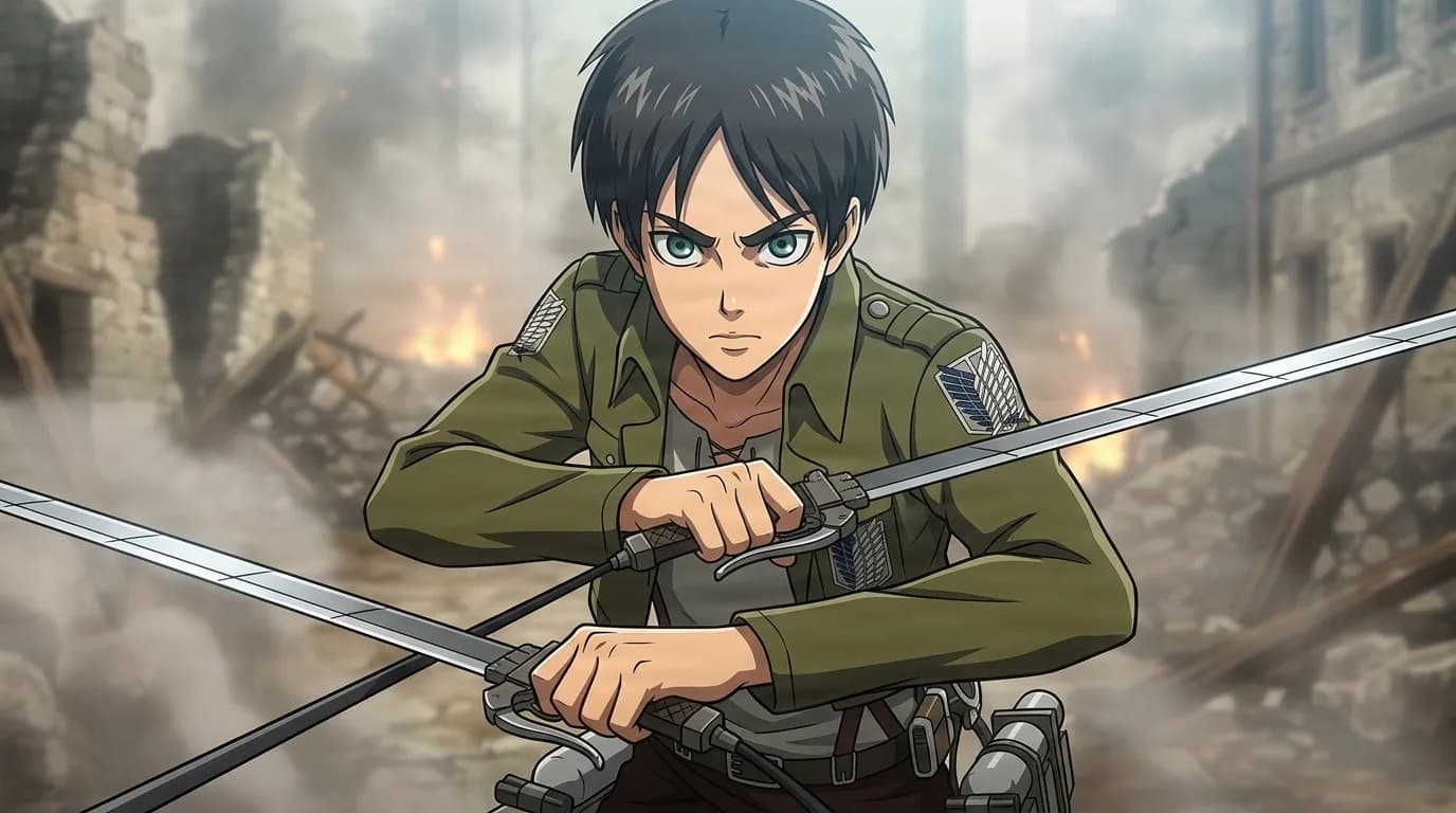 Eren Yeager glaring as he grips twin ODM blades, wearing the green Survey Corps jacket amid a burning ruined town
