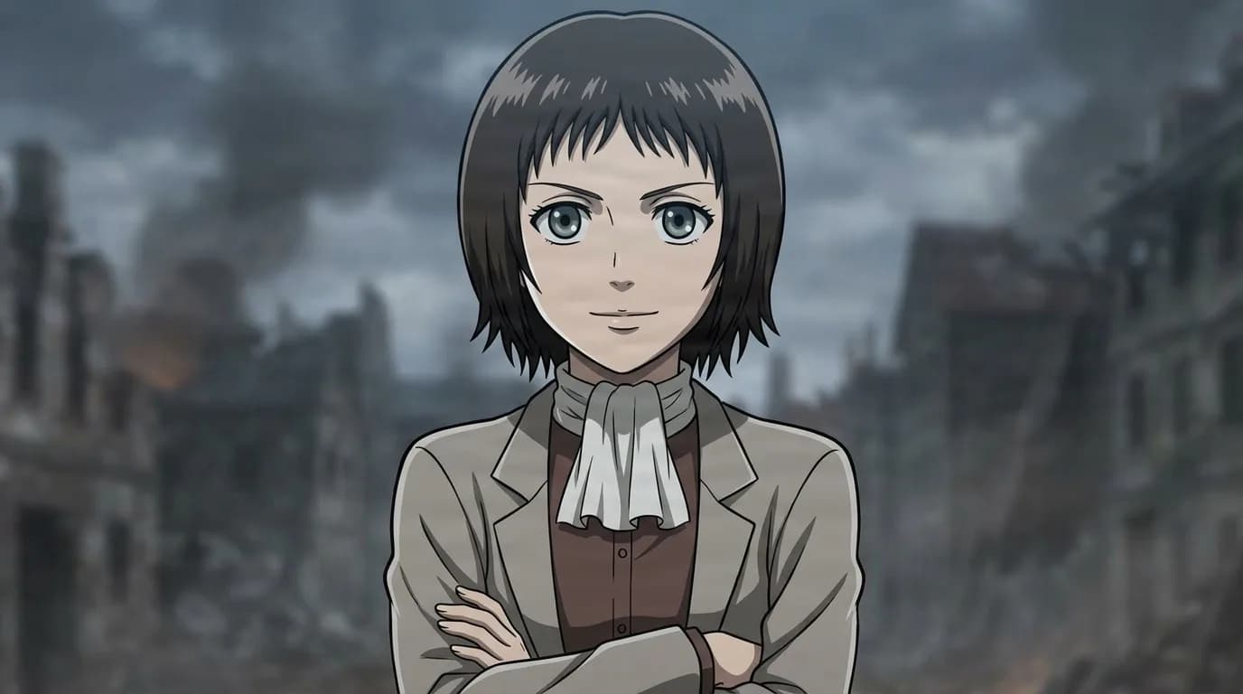 Faye Yeager in a tan jacket and ruffled cravat, arms crossed with a faint smile before smoldering ruins