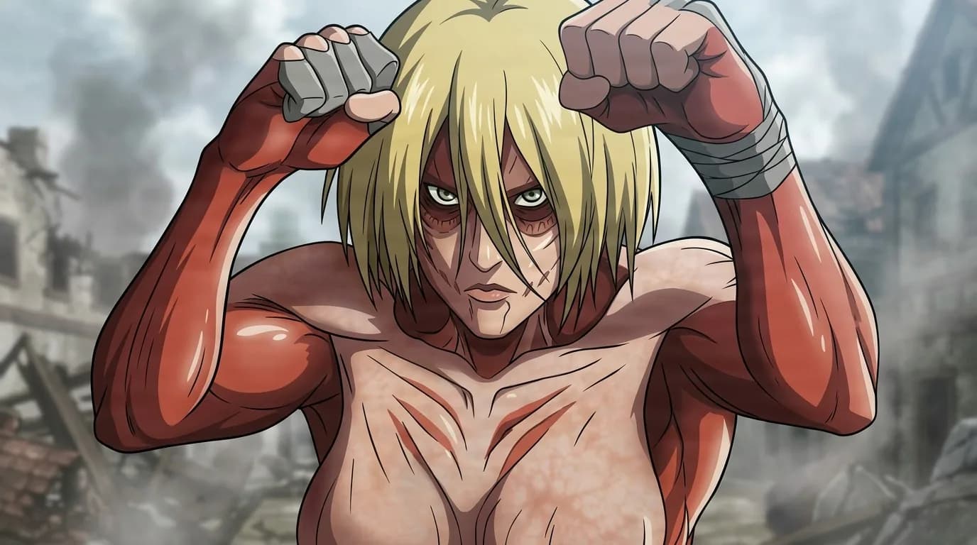 The Female Titan, blonde with exposed muscle on her arms, raising both fists into a fighting guard over a smoking ruined town