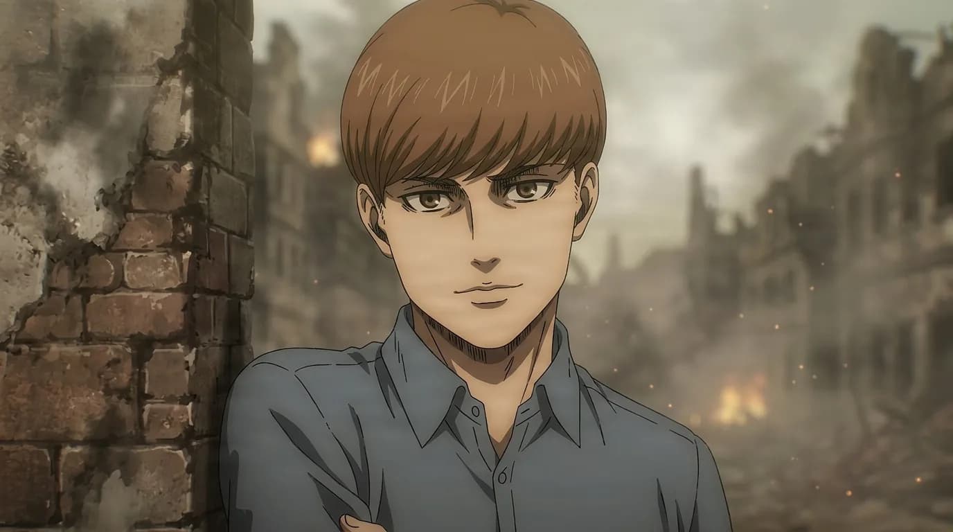 Floch Forster, a young man with reddish-brown hair in a grey shirt, leans against a brick wall amid a burning ruined town.