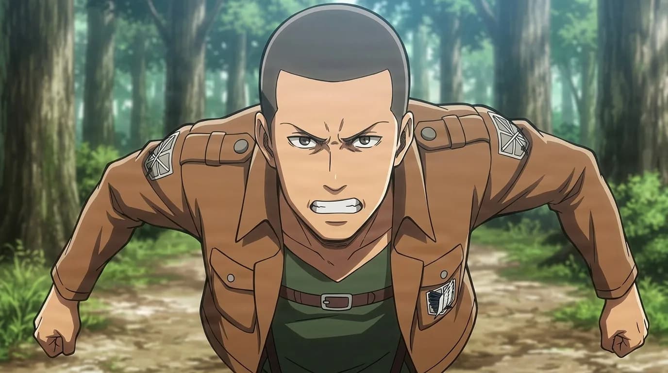 Franz Kefka, a shaved-head man in a brown Survey Corps jacket, sprinting through a forest with a fierce clenched expression
