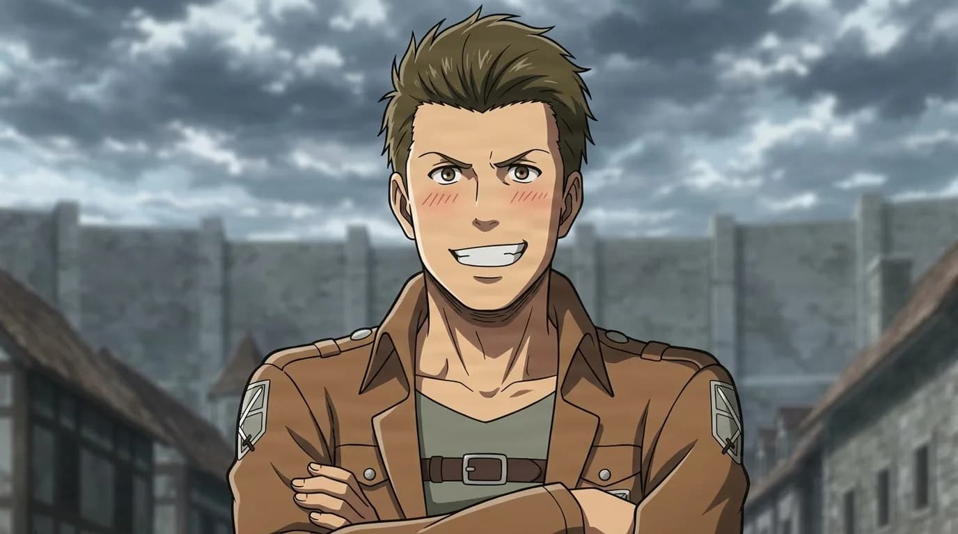 Fugo, a brown-haired man in a Survey Corps jacket, grinning widely with arms crossed before the district wall