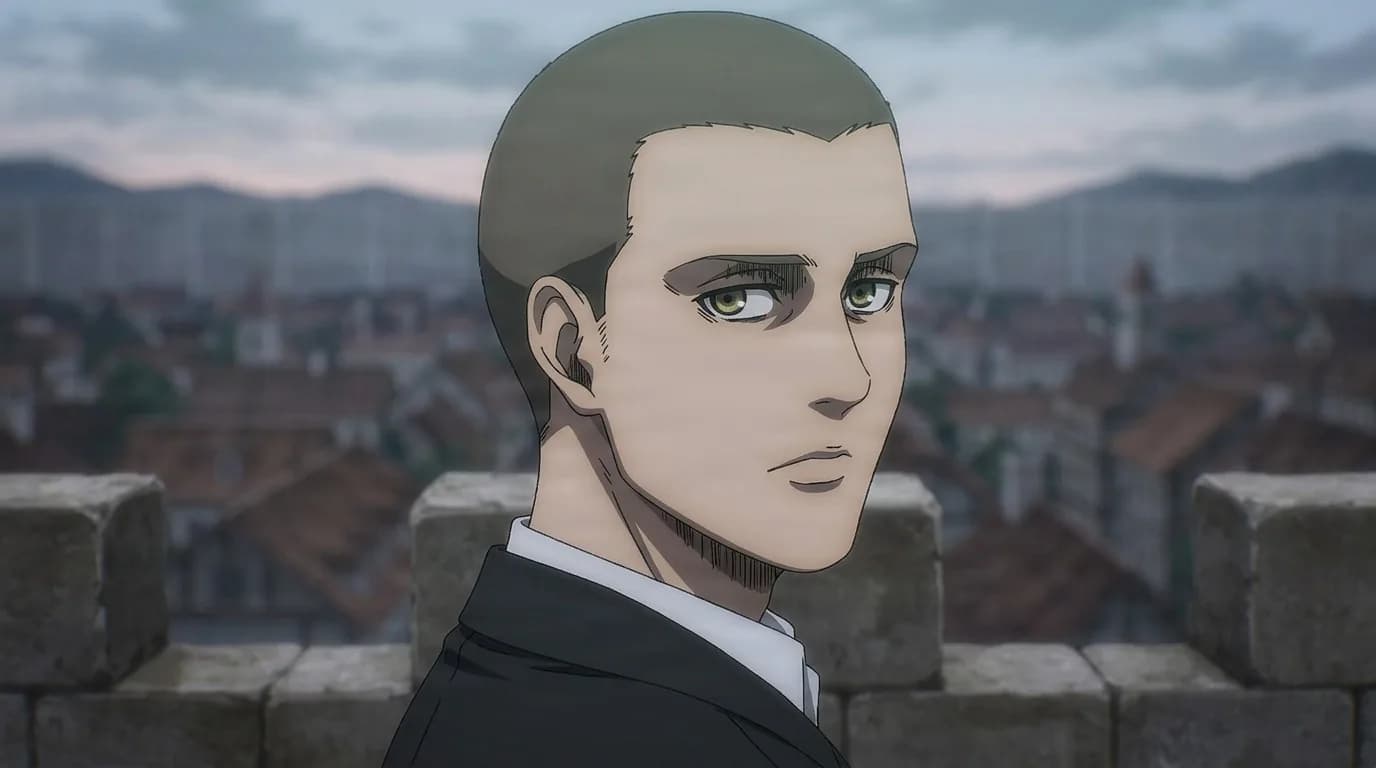 Griez looking sideways while standing high on the wall, close-cropped hair, flat expression, dark jacket, red rooftops at dusk below