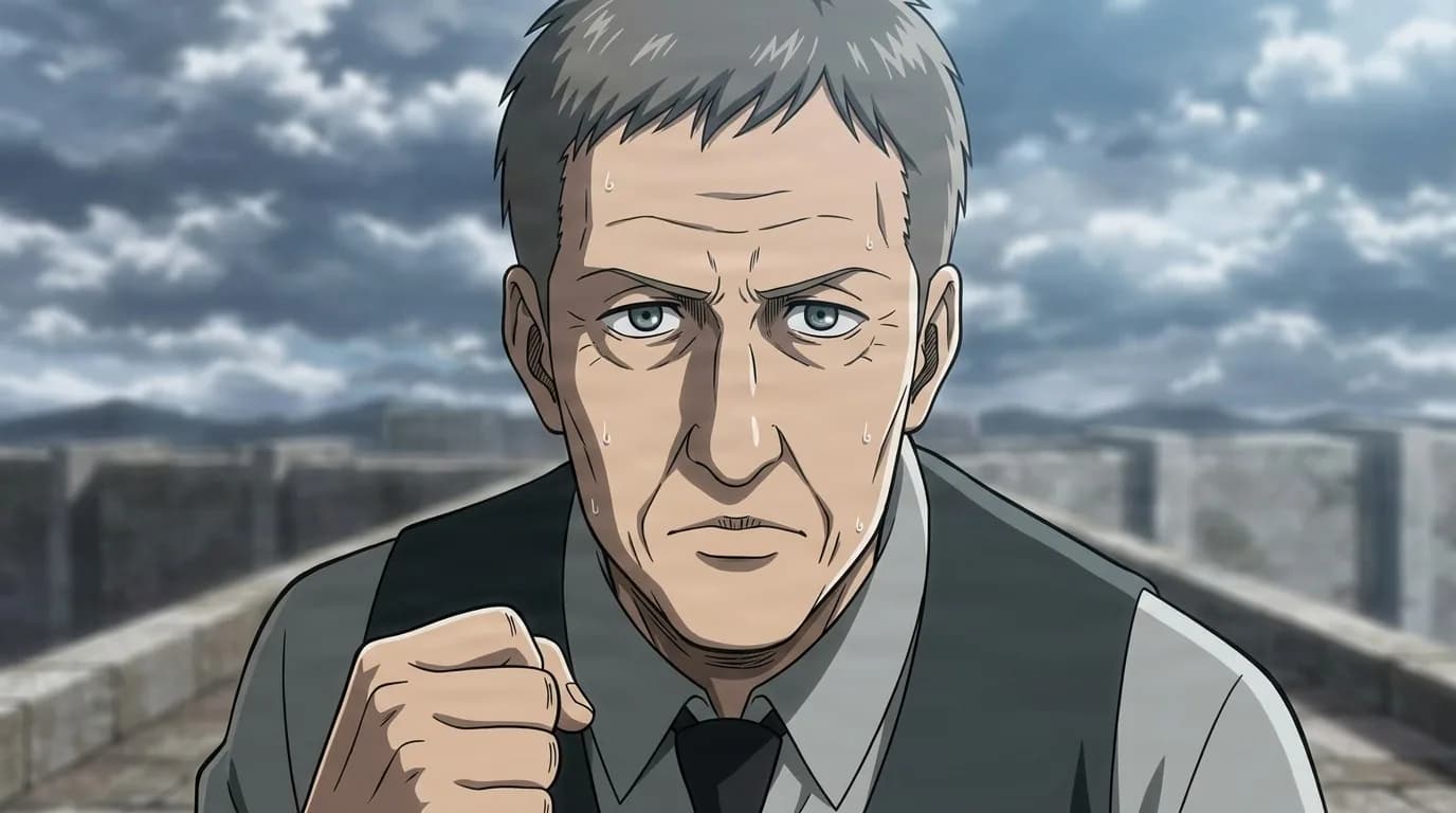 Grisha Yeager, a grey-haired man in a vest and tie, raises a clenched fist with a tense expression under a cloudy sky.