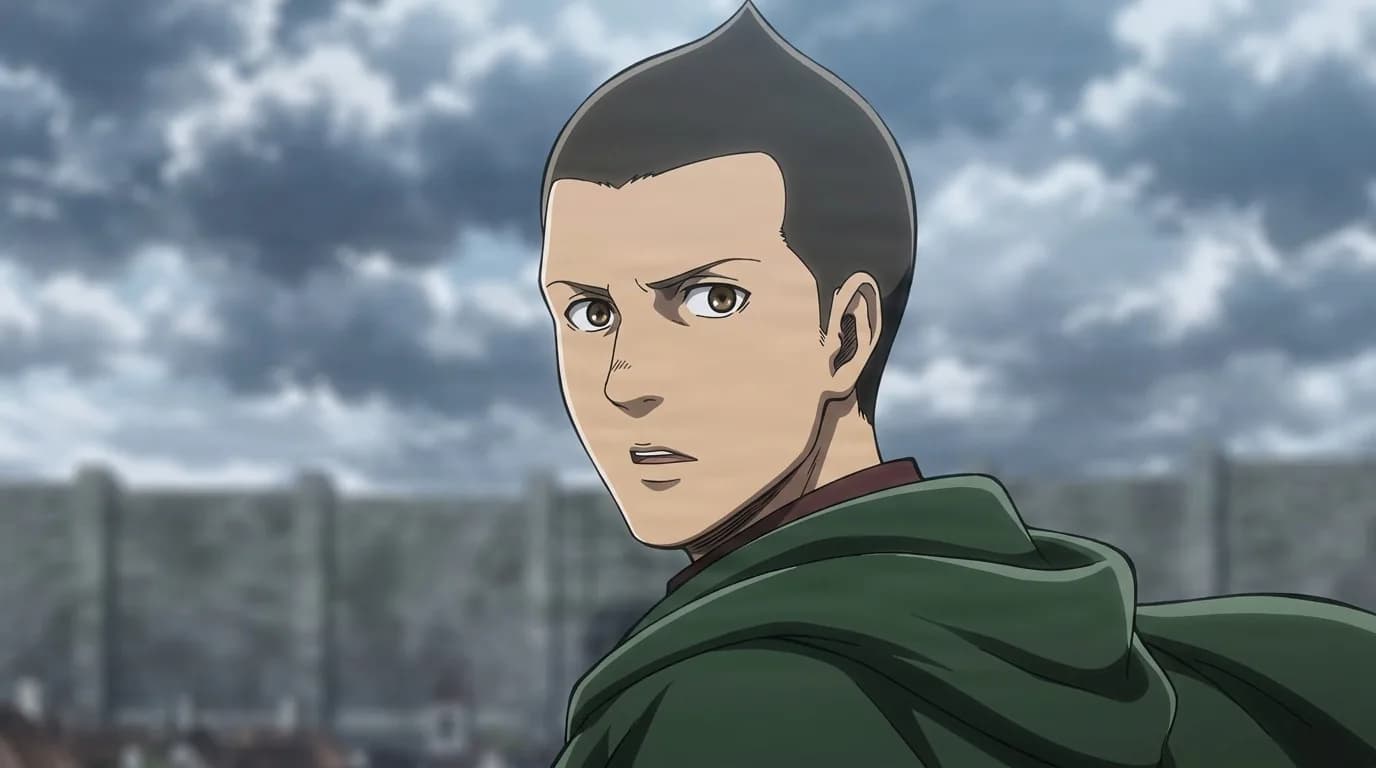 Gunther Schultz glancing back over his shoulder in a green Survey Corps cloak, stormy clouds and the district wall behind him