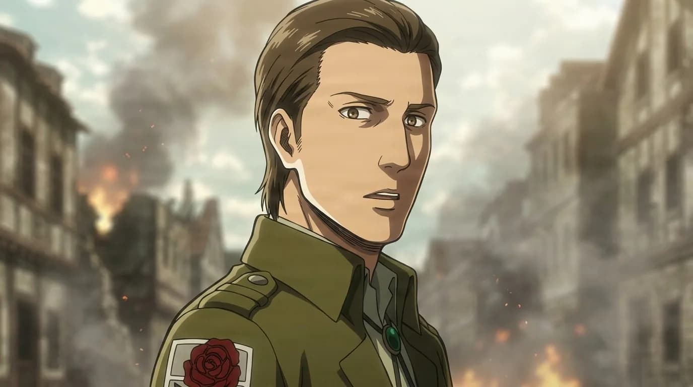 Gustav glancing over his shoulder in a burning town street, wearing a green Garrison jacket with the red rose emblem as smoke rises behind him.