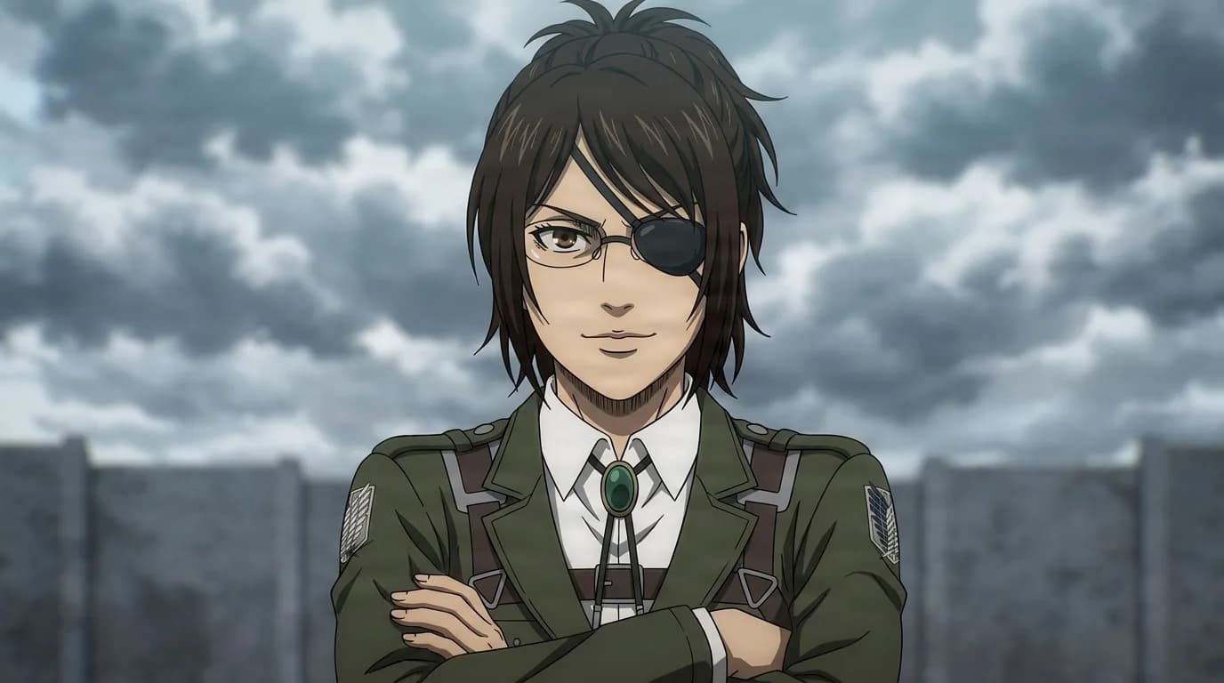 Hange Zoe with a black eyepatch and a slight smile, arms crossed in a green Survey Corps jacket beneath storm clouds