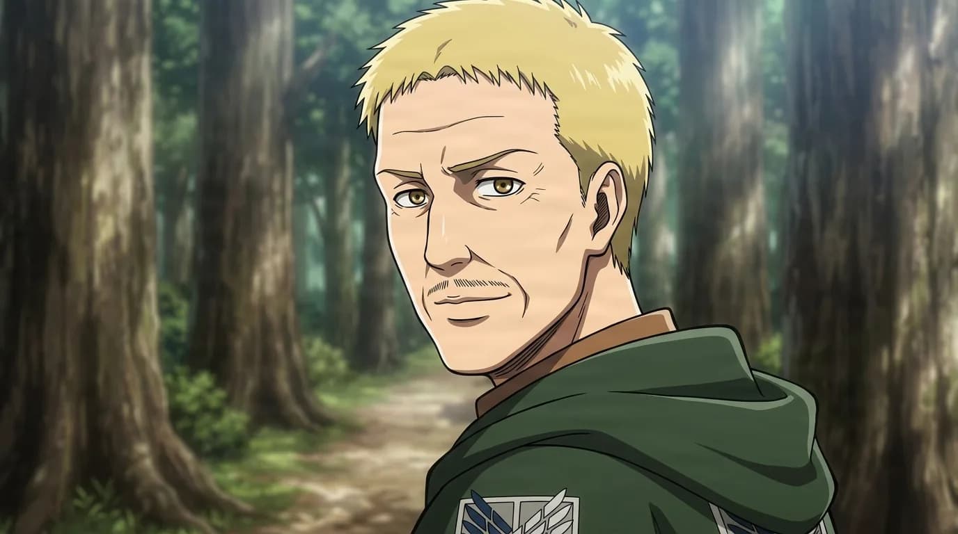 Hannes, a blond man in a green Survey Corps hooded cloak, looks over his shoulder on a sunlit forest path.