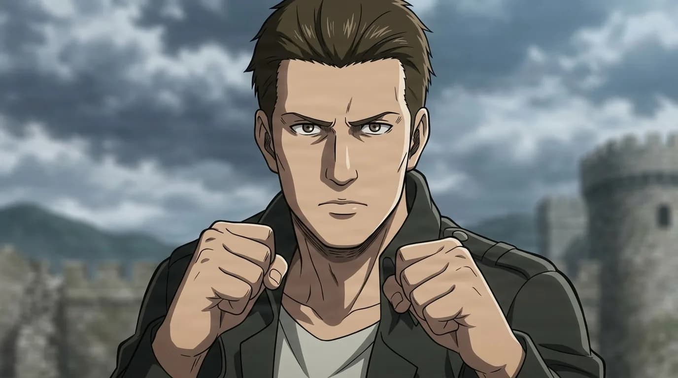 Henning, a brown-haired man with fists raised and a determined scowl, standing before castle walls under a stormy sky